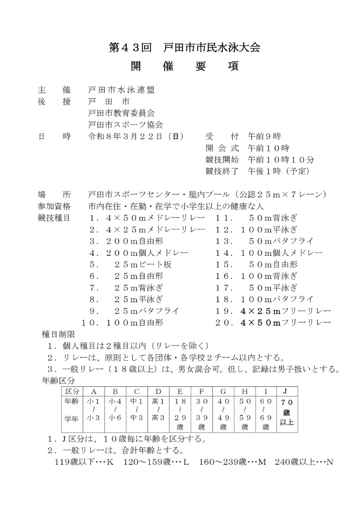 第43回 戸田市市民水泳大会 開催要項