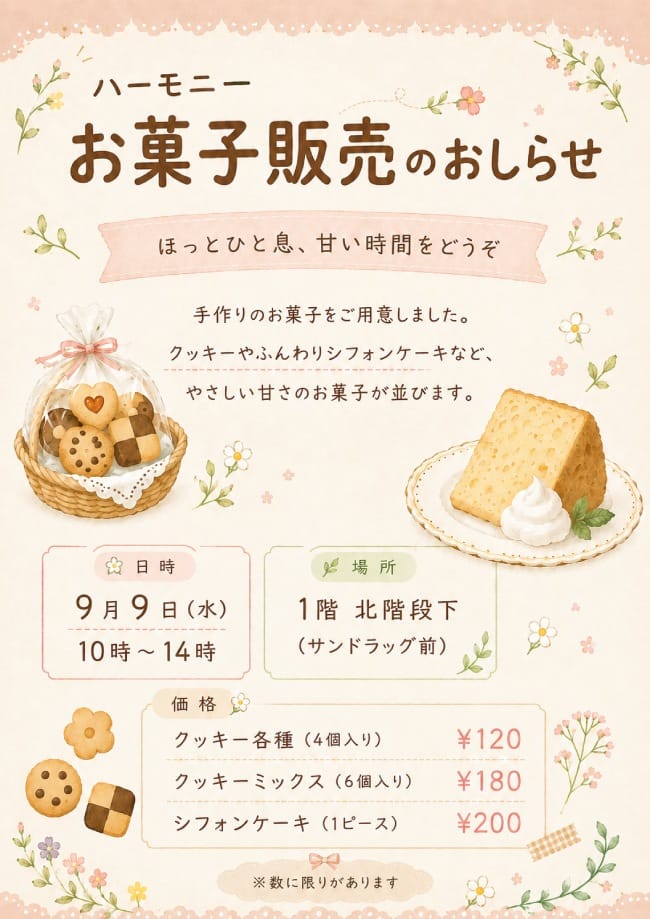 ハーモニーお菓子販売のおしらせ(NPO法人 埼玉こころのかけ橋)