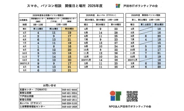スマホ・パソコン相談開催日と場所（NPO法人戸田市ITボランティアの会）